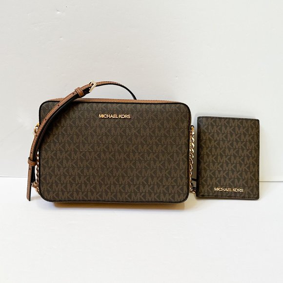 Michael Kors Jet Set Item Shoulder Crossbody Bag + Passport Wallet MK Brown - Picture 1 of 16